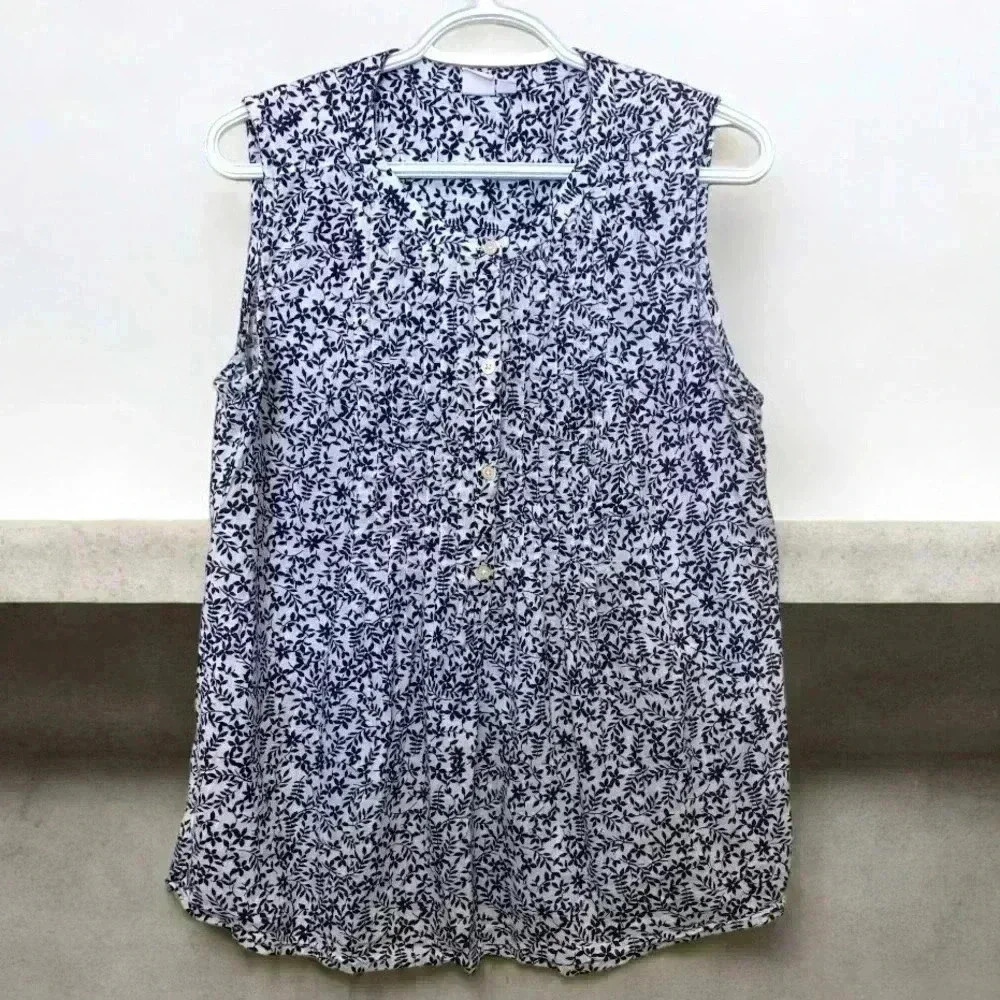 Gap White w  Navy Blue Leaves Tunic Style Top Cotton/Spandex Size Medium